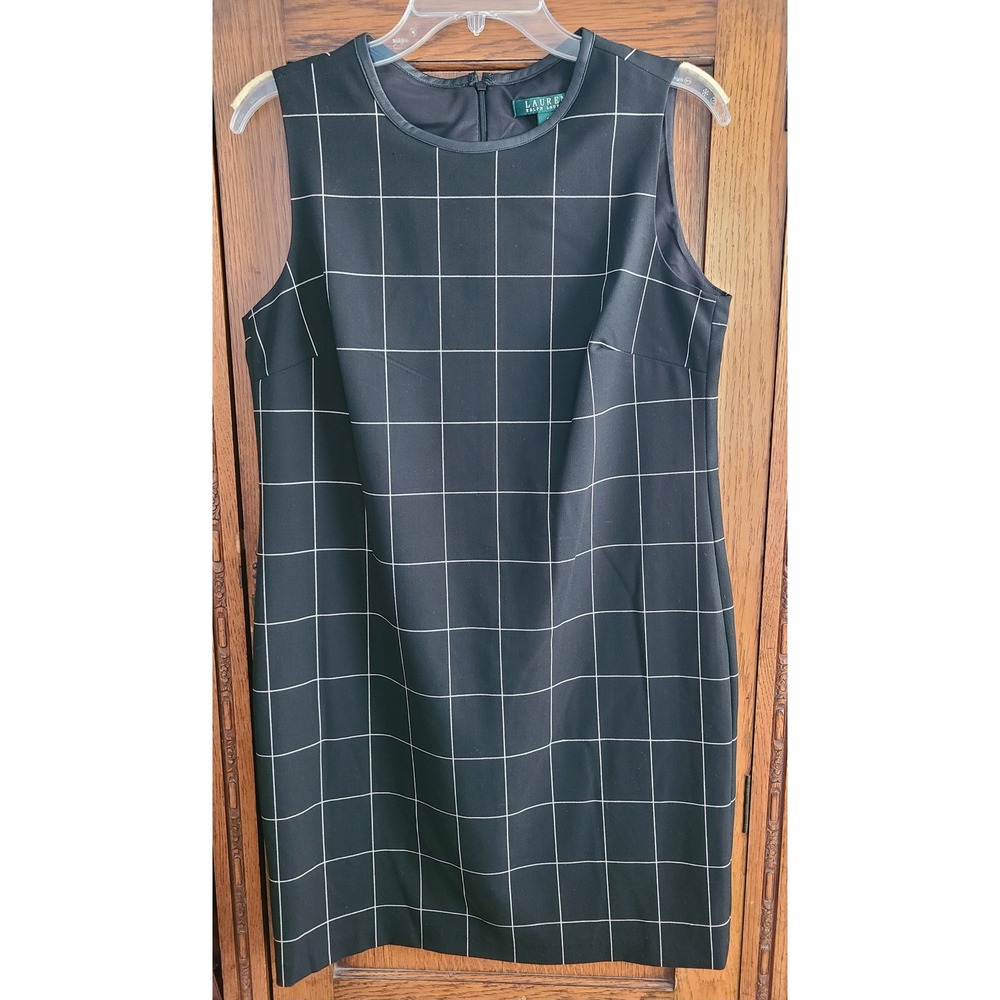 Lauren Ralph Lauren Black Windowpane Dress Lamb Leather Trim Sheath Size 6 NEW